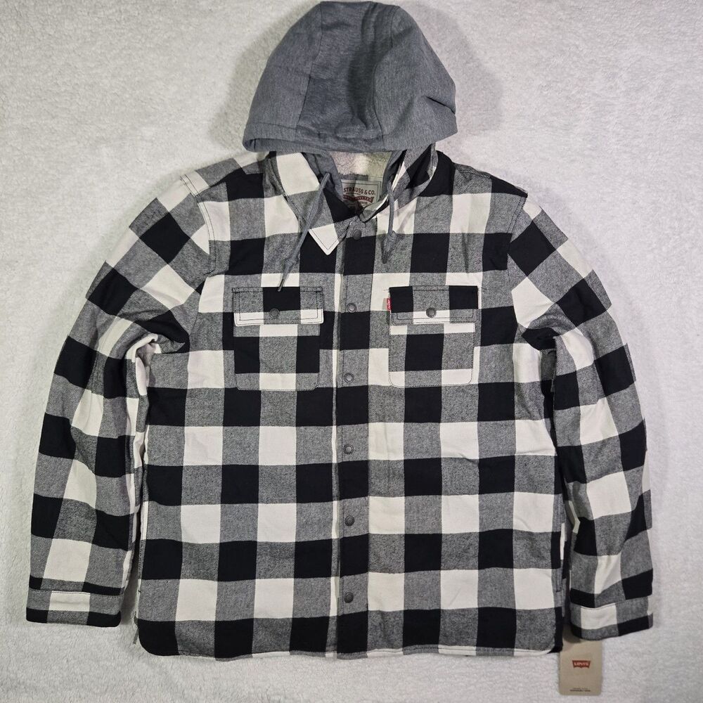 Levis Plaid Sherpa Lined Hoodie Jacket Mens XL Full Zip Button Snap $140